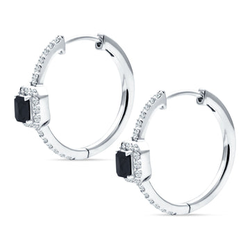 Emerald Cut Halo Hoop Earring Black CZ 925 Sterling Silver